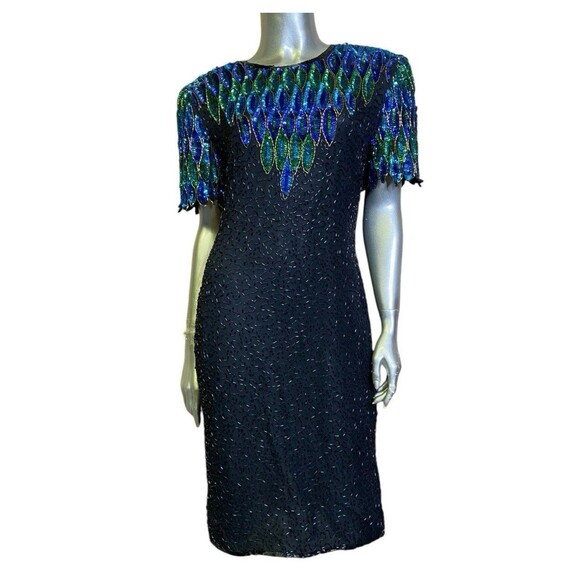 Stenay Vintage Dress 16 Sequins Silk Short Sleeve Beaded Peacock Design Cocktail - Picture 1 of 16